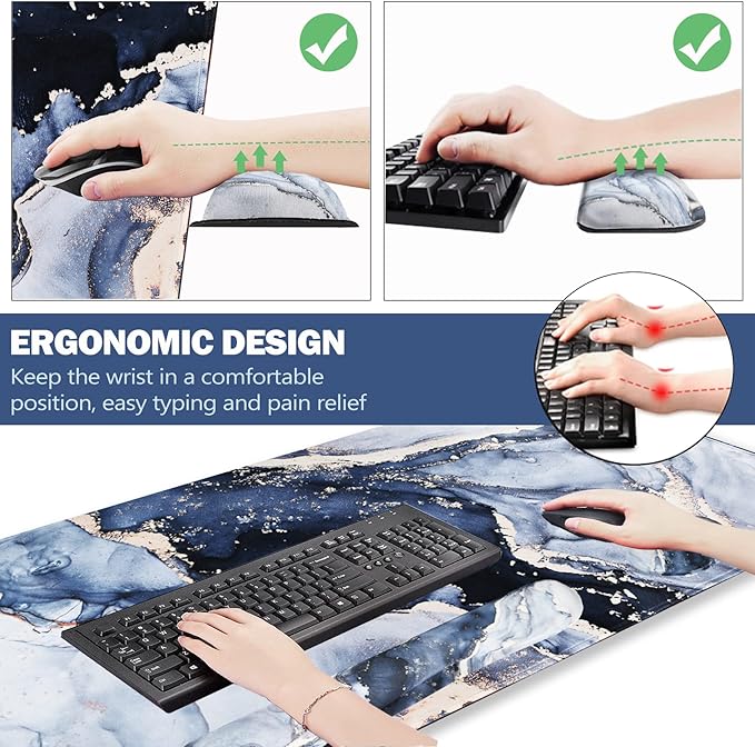 ARTSO Large Gaming Mouse Pad, Keyboard Wrist Rest Pad & Wrist Support Mousepad Set, Stitched Edge, Extended, Non-Slip Base, Memory Foam,Multifunctional Desk Mat 4pcs for Office & Home, Gilt Marble
