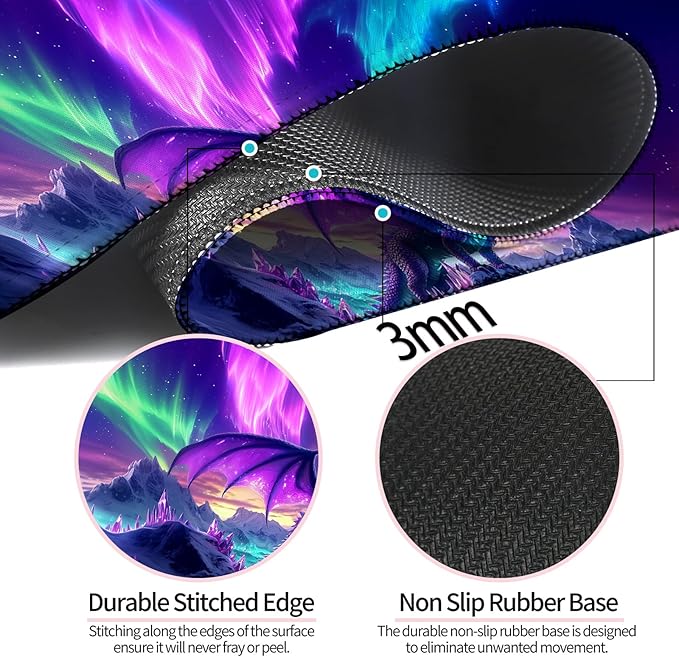 Fantasy Aurora Scenery and Dragon Gaming Desk Mat, Computer Keyboard Large Extended Long Mouse Pad for Office and Home, XL (W06)