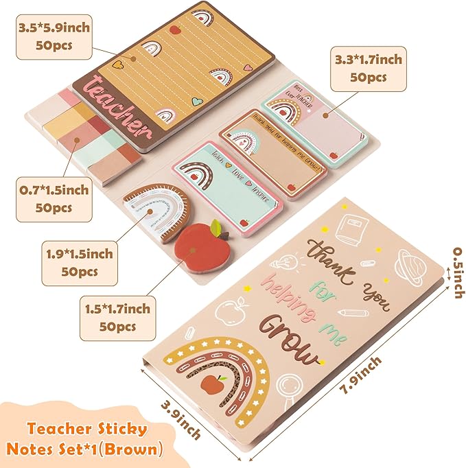 Xqumoi Boho Themed Teacher Sticky Notes Set, 550 Sheets, Thank You for Helping Me Grow Self-Stick Note Pads Teacher Appreciation Gift Writing Memo Pads Page Marker Back to School Supplies (Brown)