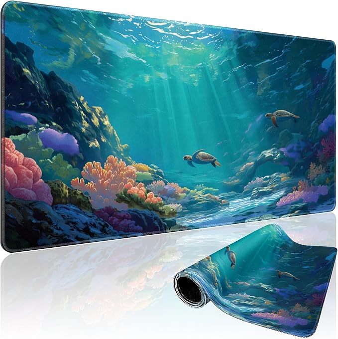 Sea Turtles Large Gaming Mouse Pad 31.5"x15.7"｜ Ocean Scene XXL Desk Mat, Non-Slip Rubber Base & Stitched Edges - Extended Waterproof Mousepad for PC/Laptop/Office/Home Decor