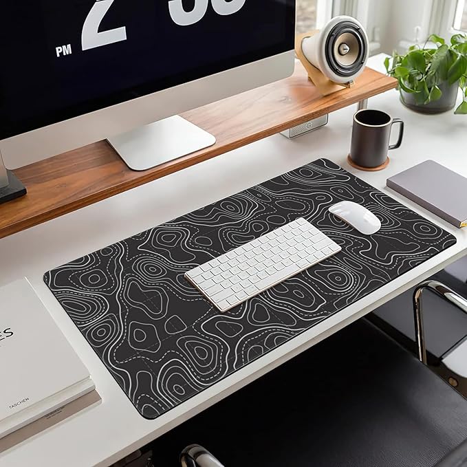 Large Gaming Mouse Pad for Desk, Black Ocean Bottom Topographic Line Map Desk Mat for Desktop, Non-Slip Rubber Base Stitched Edge Long Computer Keyboard Mouse Mat Desk Pad for Home Office 35.4"X15.7"