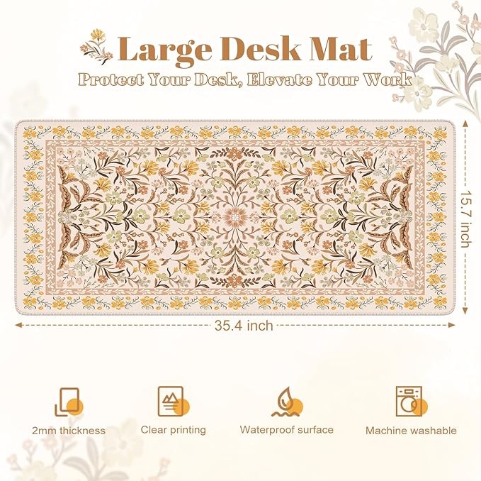 HAOCOO Large Mouse Pad for Desk, Keyboard Mat with Stitched Edge, Floral Desk Mat, Cute Desk Pad Large, Non-Slip Computer Desk Mat for Women Office (Brown)