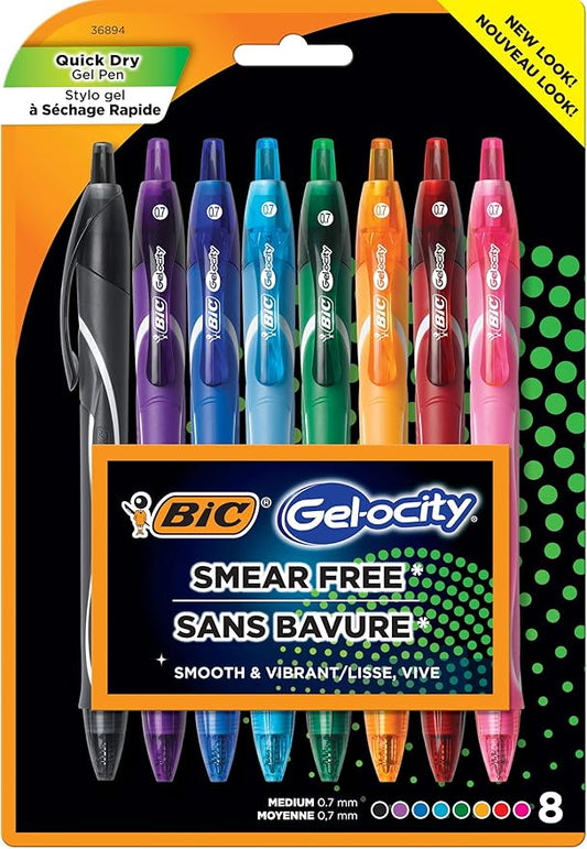 BIC Gelocity Quick Dry Assorted Colors Gel Pens, Medium Point (0.7mm), Retractable Colored Pens with Comfortable Grip, Pack of 8