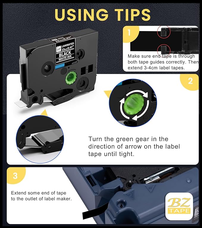 Tze 12mm 0.47 Inch Laminated White on Black Compatible with P Touch Label Tape TZ TZe-335 TZe335 Refills for Ptouch PT-H110 D200 D210 D220 D400 PT-D600 Label Maker, 3-Pack