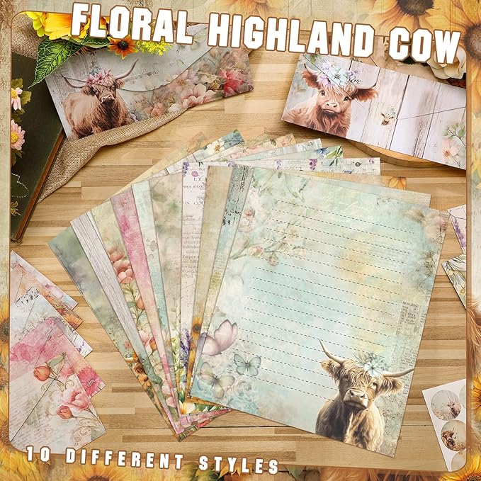 TaoBary 160 Pcs Stationery Paper Set 50 Double Sided Stationery Papers with 50 Matching Envelopes and 60 Round Dot Sticker, 10 Design(Floral Highland Cow,8.5 x 11 Inch)