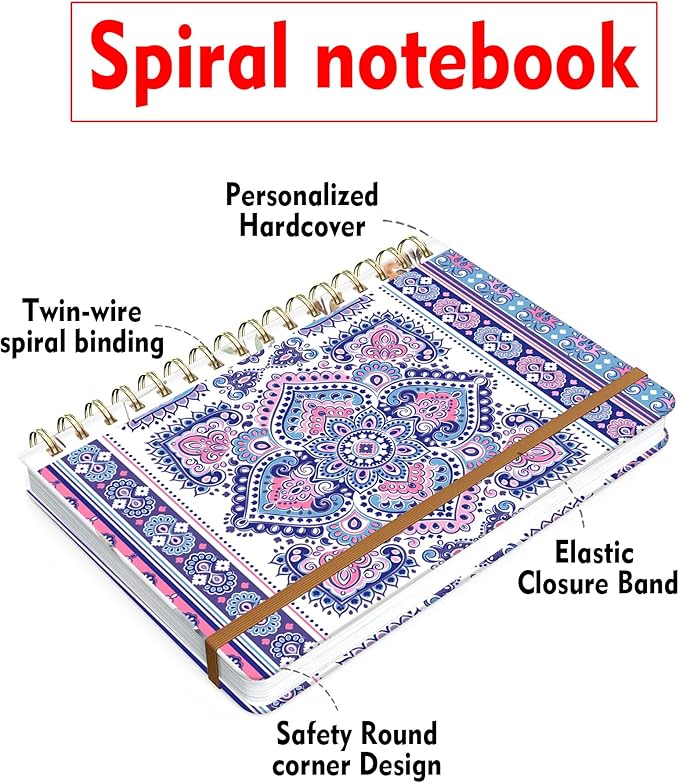 Spiral Journal Notebook for Women, Hardcover A5 College Ruled Notebook, 120 Pages, Thick Paper, Cute Lined Journal for School, Office & Work, 6 x 8.4 in(Bohemian)