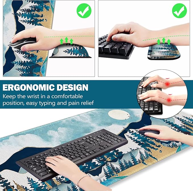 ARTSO Large Gaming Mouse Pad Set, Keyboard Wrist Rest Support + Mouse Wrist Cushion + Extended Mousepad + Coaster, 35x15.5in Multifunctional Desk Mat, Abstract Mountain