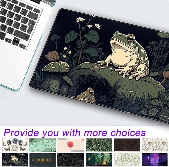 Kawaii Mushroom Cute Frog Desk Mat Anime Gaming Mouse Pad Dark Green Forest Mousepad XXL, Large Extended Laptop Keyboard Mouse Mat Desk Pad 31.5x15.75 in, Non-Slip Rubber Base with Stitched Edges