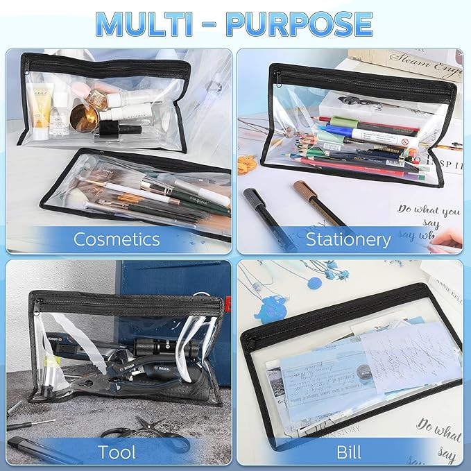 Outus 8 Pcs Clear Zipper Pouches Pencil Pouches PVC Makeup Pouch Envelopes Folder Storage Multi Purpose Pouch Document File Organization Bags, Office Supplies (Black Edging,11.5 x 7 Inches)