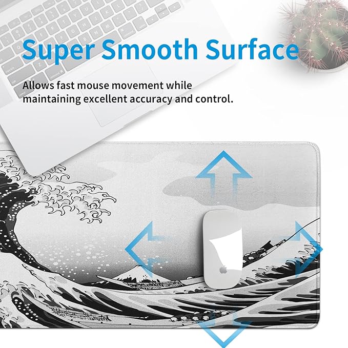 Sea Wave Large Gaming Mouse Pad Desk Pad with Stitched Edge 31.5''x11.8'' Mousepad Computer Keyboard Pad Non-Slip Rubber Base Desk Mat for Game,Work,Study