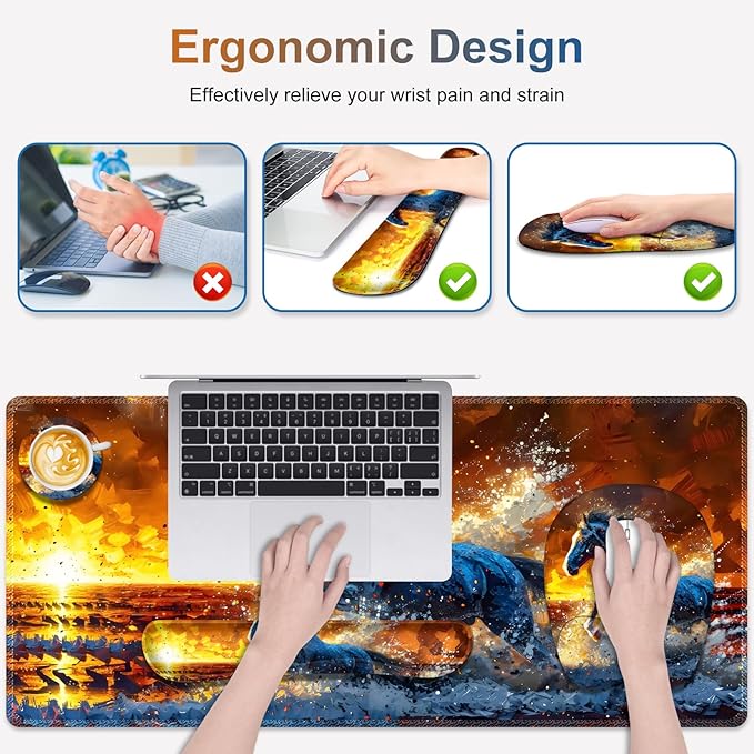 Large Mouse Pad, Keyboard Wrist Rest Set, Ergonomic Mouse Pad with Wrist Support, Desk Mat with Stitched Edges + Coaster, Extended Desk Pad Waterproof Desk Mat for Home Office Game I Running Horse