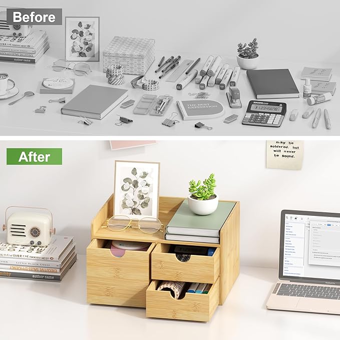 Desk Organizer with Drawers - Bamboo Desktop Organizer Storage | Wood Desk Drawers Organizer for Bills, Office Supplies, Cosmetics, Seals No Assembly Required (3 Drawer with Big Drawer)