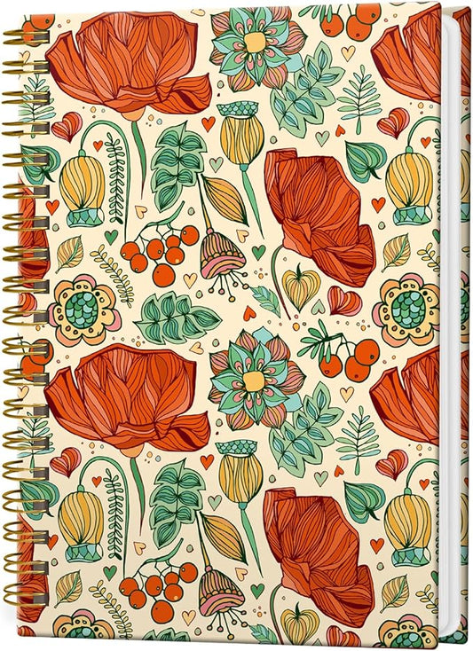 Spiral Notebook Journal for Women Men, A5 Hardcover Journal, 120 Pages Thick Paper, College Ruled Writing Notebook for School, Work & Office 8.3'' × 5.9''(Red Flower Leaf)
