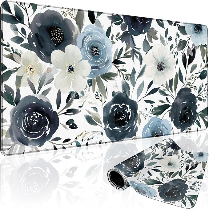 Large Gaming Mouse Pad 31.5x15.7 Inch, XXL Mousepad with Non-Slip Rubber Base & Stitched Edges, Extended Desk Mat for Computer/Laptop/Office/Home Navy Blue and White Watercolor Floral