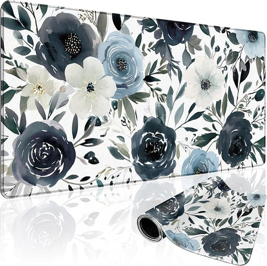 Large Gaming Mouse Pad 31.5x15.7 Inch, XXL Mousepad with Non-Slip Rubber Base & Stitched Edges, Extended Desk Mat for Computer/Laptop/Office/Home Navy Blue and White Watercolor Floral
