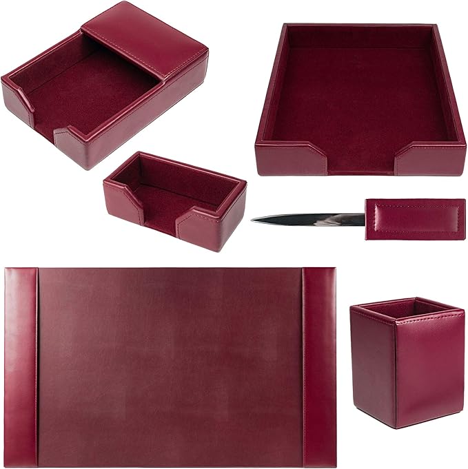 DACASSO Bonded Leather Desk Set - Luxury Leather Desk Pad & Desk Organization Essentials (Burgundy, 6 Piece)