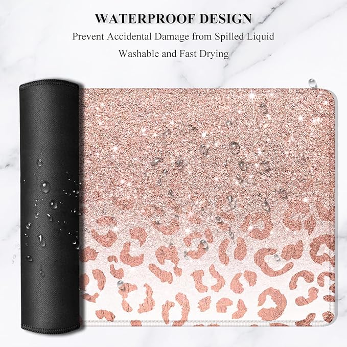 Auhoahsil Large Mouse Pad, XXL Desk Pad, Extened Mousepad 31.5" x 11.8", Non-Slip Rubber Base, Stitched Edges, Superior Surface, Gaming Keyboard Mat, Waterproof Desk Pad, Pink Gold Leopard