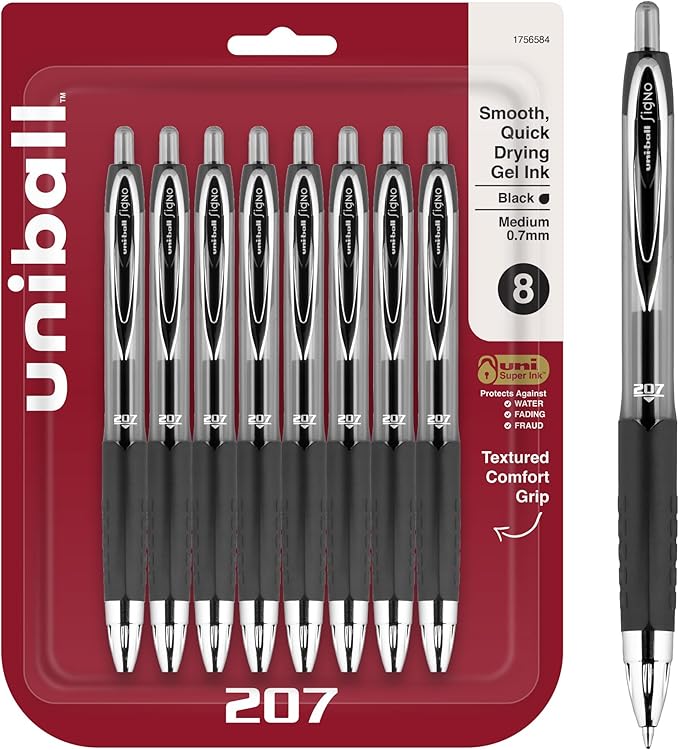 uniball Signo 207 Gel Pen, Retractable, Medium 0.7 Mm, Black Ink, Translucent Black Barrel, 8/pack