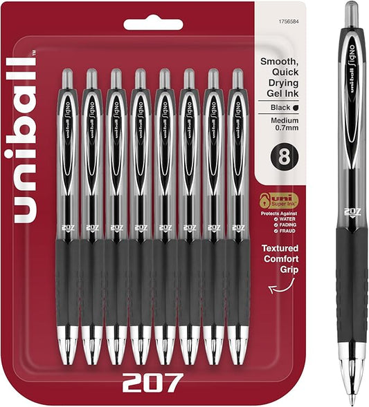 uniball Signo 207 Gel Pen, Retractable, Medium 0.7 Mm, Black Ink, Translucent Black Barrel, 8/pack
