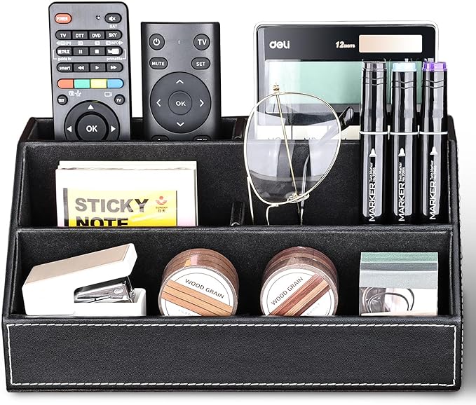 KINGFOM Pu Leather Desk Organizer with 5 Compartments Holder, Multi-Functional Office Supplies Storage Caddy for Pen/Pencil, Phones, Remote Controller and Desktop Accessorie Black