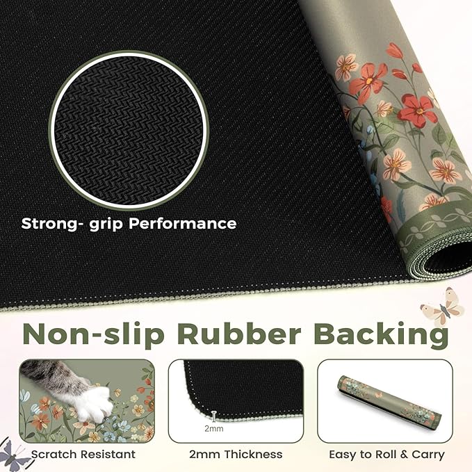 HAOCOO Dark Green Floral Desk Mat, Desk Mat for Keyboard and Mouse, XL Mouse Pad with Non-Slip Rubber Base, Waterproof Computer Mats for Desktop, Long Mouse Pad for Gaming, Women Office