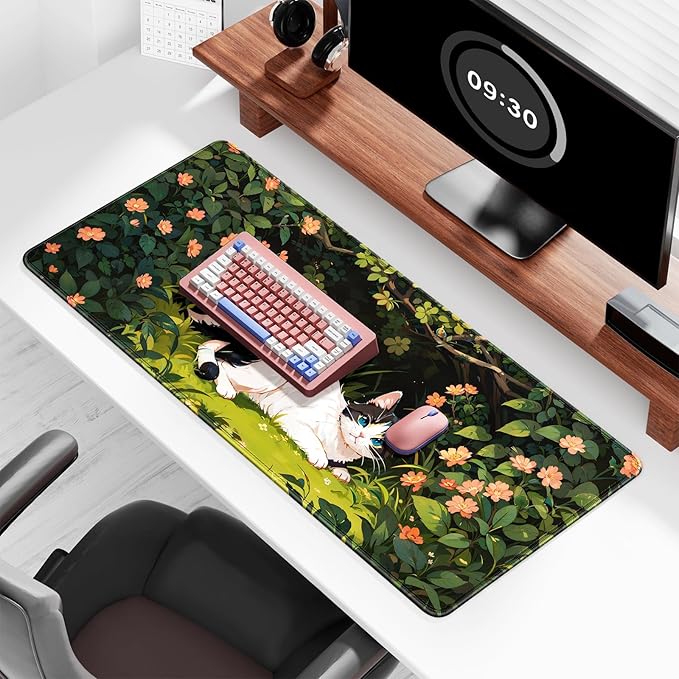 Auhoahsil Large Mouse Pad, XXL Gaming Mousepad, Desk Mat for Desktop, Thick Rubber, Big & Long Size, Stitched Edges, Full Desk Pad for Laptop & Computer, Extended 35.4 x 15.7 in, Cat Shrubbery