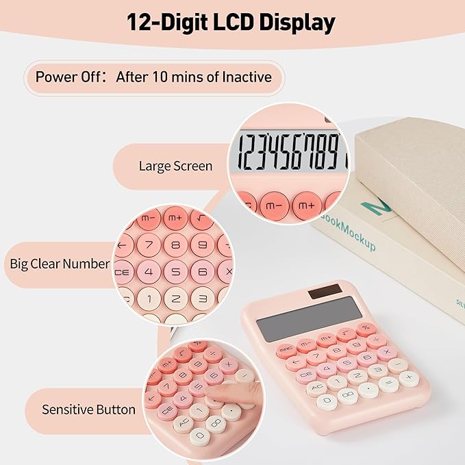 Small Desktop Calculator with LCD Large Display and Sensitive Button, Dual Solar and Battery Powered with Automatic Sleep Basic Cute Calculators for Office, School and Business (Pink)