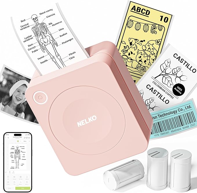 Nelko Sticker Printer, PM230 Print Pod Mini Bluetooth Portabel Sticker Maker with 3 Rolls Paper, Print Pods Mini Printer with Multiple Templates for Phone & Tablet，for School Office Home, Pink