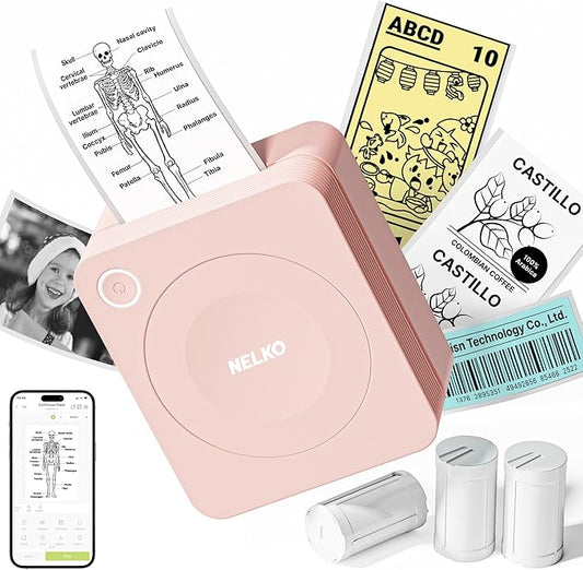 Nelko Sticker Printer, PM230 Print Pod Mini Bluetooth Portabel Sticker Maker with 3 Rolls Paper, Print Pods Mini Printer with Multiple Templates for Phone & Tablet，for School Office Home, Pink