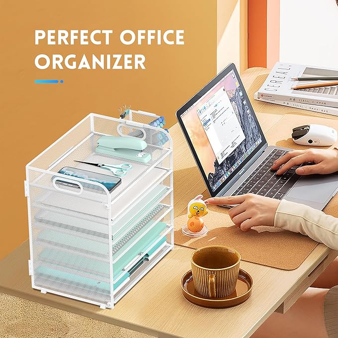 SUPEASY 6 Tier Paper Organizer with 4 Pen Holders, Mesh Letter Tray with Handle, Paper Tray Organizer for A4 Files, White