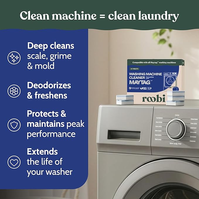 Roobi Washing Machine Cleaner Tablets compatible with Maytag. Deep Clean Formula Eliminates Odor, Residue & Build-Up. Carbon-Neutral & Septic-Safe 24-Pack Cleaning Tablets.