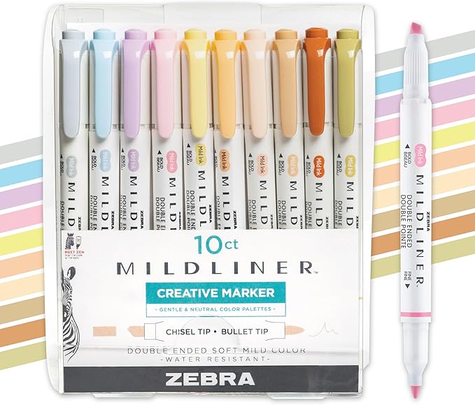 Zebra Pen Mildliner Dual-Tip Highlighters, Chisel and Bullet Tips, Ideal for Bible Highlighting, No Bleed, School Supplies and Teacher Supplies, Assorted Neutral and Gentle Ink Colors, 10-Pack (78701)