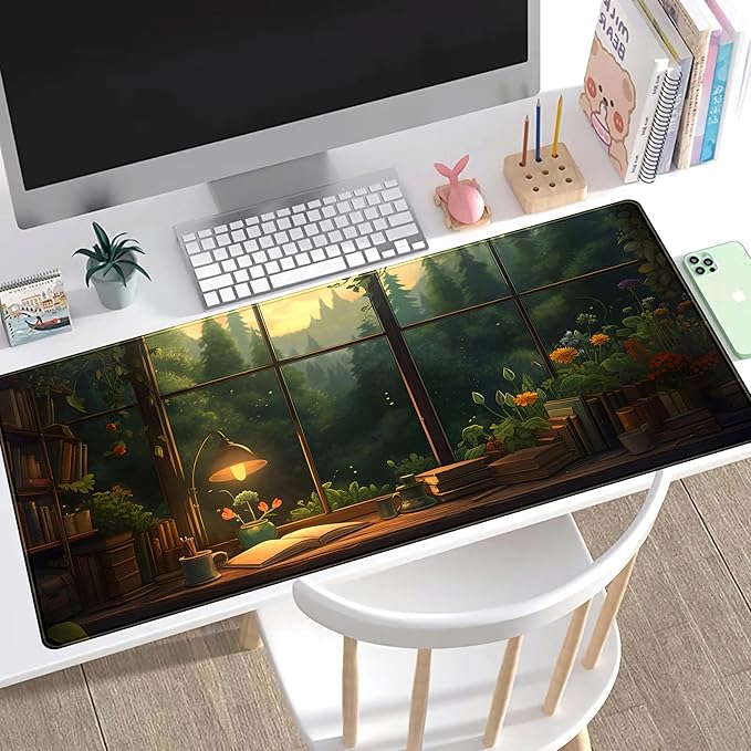Anime Dark Green Plants Desk Mat Cute XXL Large Extended Mouse Pad Gaming, Lofi Aesthetic Computer Laptop Keyboard and Mouse Mat, Desk Accessories for Women Office Decor Mousepad, 31.5x15.75 in