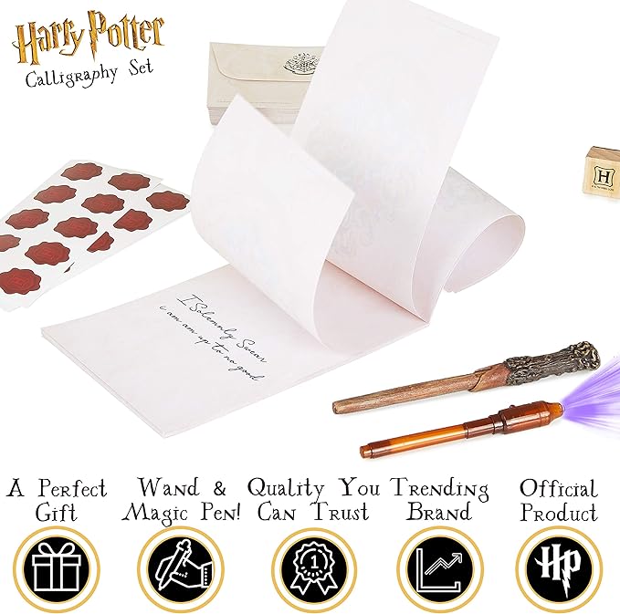 Harry Potter Calligraphy Set with Notepad Wand Pen Magic Invisible Ink Pen Envelopes Paper Cool Stickers Ink Stamp Fun Hogwarts Stationary Gift for Kids