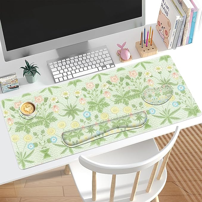Large Mouse Pad and Keyboard Wrist Rest, Extended Mouse Pad with Wrist Support, Non-Slip Desk Mat, Desk Blotter Protector Pad for Home Office, Green Flowers Plants