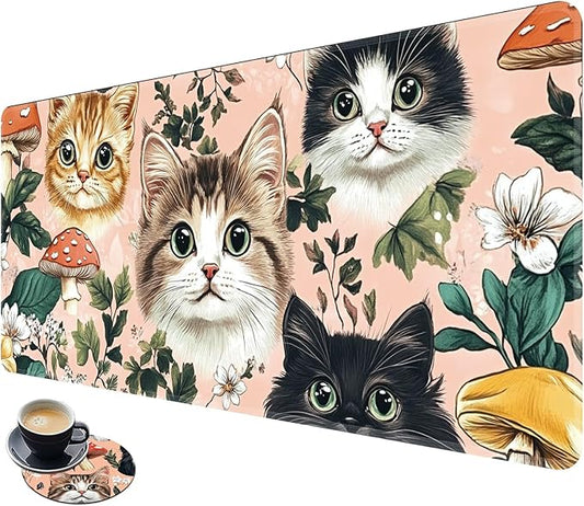 Desk Mat Large Gaming Mouse Pad (31.5x11.8 inch) with Stitched Edges, XL Mouse Pad +Coaster, Extended Mouse Mat Keybroad Mousepad Non-Slip Rubber for Gamer Men Women, Cute Cats