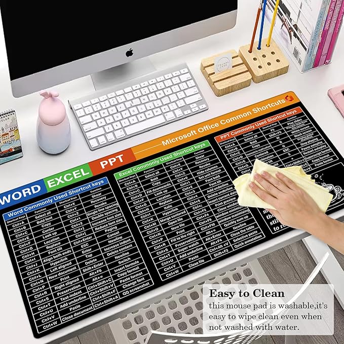 Microsoft Office Shortcuts Desk Pad Protector, Stitched Edges Mouse Pad, Large Office Desk Mat, Non-Slip Desk Blotter, Laptop Desk Pad, Desk Writing Pad for Office and Home (31.5" x 15.7 ")