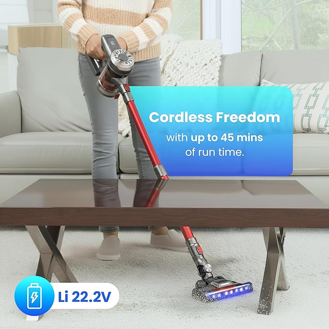 BARNMO Cordless Stick Vacuum, Red, 45 Min Runtime, LED Headlights, 2-Speed, Telescopic Tube with Main Vacuum Brush, Crevice Tool, dust Brush, Removable-Rechargeable Battery Pack with Charging Cord