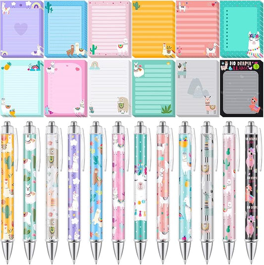 24 Pcs Llama Sticky Notes with Pens Alpaca Themed Gifts Party Favors Cute Notepad Memo Notes Pads Black Ink Ballpoint Pen for Llama Lover Women Christmas Gifts Office School Students Teacher Supplies