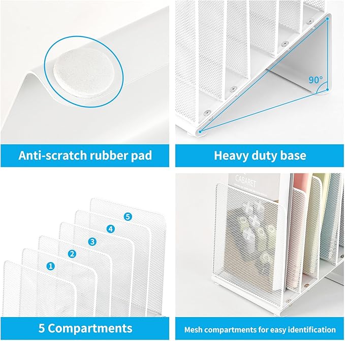 File Organizer for Desk, Desk Organizer with 5-Section Vertical File Rack, File Folder Organizer, Desk Accessories & Workspace Organizers(White)