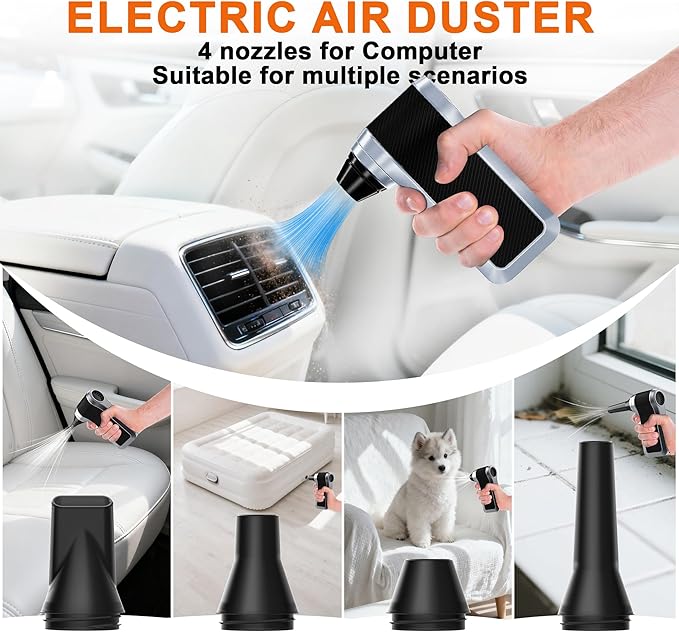 JUFINX Electric Air Duster-130000RPM Compressed Air Duster with Brushless Motor,3-Gear Speeds - Snow Blower, 4pcs Nozzles - Air Duster for Keyboard,Car,PC,Home,Outdoor,Snow and Leaves Cleaning