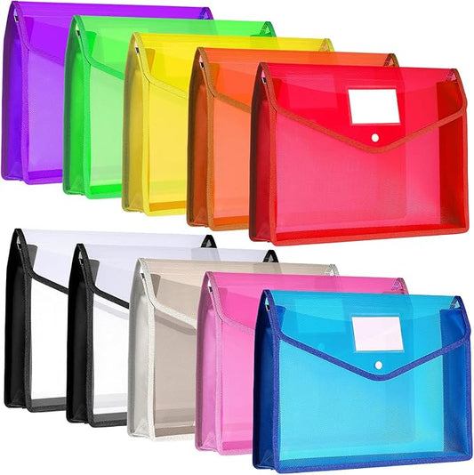 10 Pieces Plastic File Folders Envelope Expanding File Wallet Organizer Documents Folder with Snap Closure and Pocket, A4 Size Waterproof Transparent Pouch(Multicolor,Horizontal)