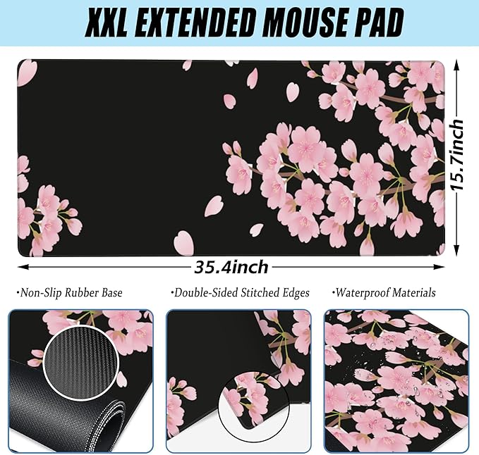 Desk Pad, Pink Cherry Blossoms Extended Large Gaming Mouse Pad for Desk XXL, Large Desk Mat for Desktop with Non-Slip Rubber Base Stitched Edges for Computer Keyboard Home Office 35.4"X15.7"