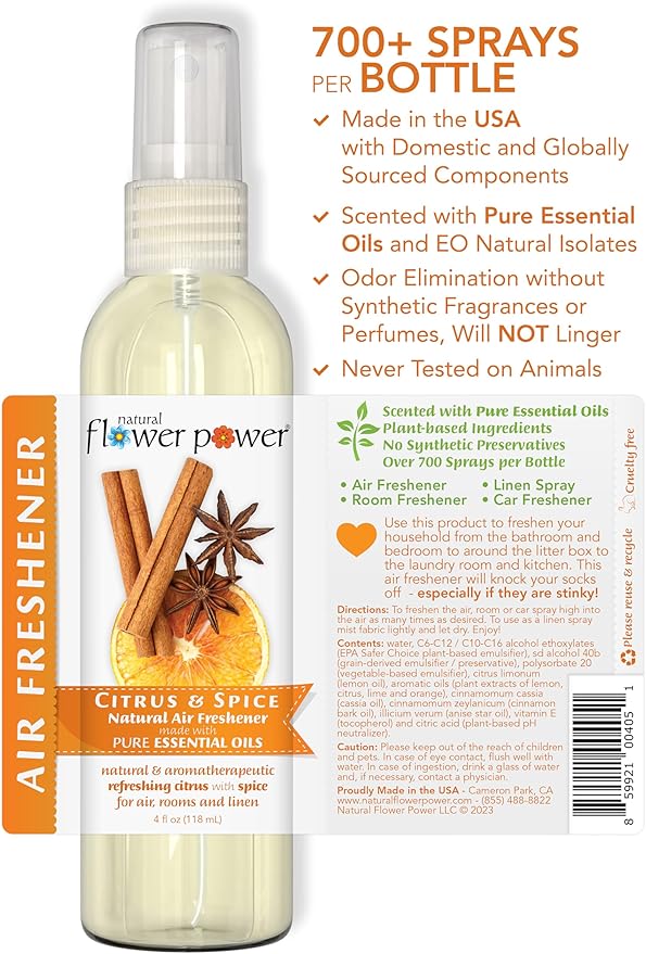 Natural Flower Power Air Freshener Spray - Odor Eliminator with Essential Oils for the Home, Car & Fabric - Cruelty Free & Vegan - 2 Pack with Lavender and Citrus & Spice - 2 x 4 oz