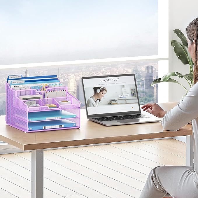 Lavatino Desk Paper File Organizer - Metal Mesh with 2 Letter Trays, 7 Flexible Dividers, 2 Vertical File Folder Holders for Office/Home/Classroom Supplies, Desk Organizers and Accessories, Purple