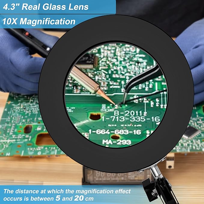 10X Magnifier Desk Lamp, 2-in-1 LED Magnifying Glass with Light and Clamp, Hands-Free Lighted Magnifier with 3 Color Modes for Craft Hobby Nail Repair Reading Close Works (Black, Clamp)