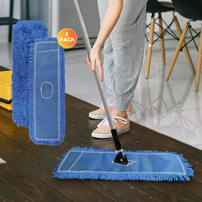 36 Inch Dust Mop Head: Replacement Medium Washable Commercial Mop Head Sweeper and Janitorial Replacement Blue (Blue - 36 Inch, 3 Pack)