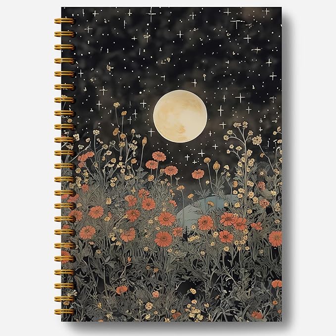 Guymn Vintage Witchy Moon Notebook, Dark Cottagecore Wildflower Floral Journal, Gothic Floral Full Moon Hardcover Spiral Notebooks 5.5x8.3 Inch