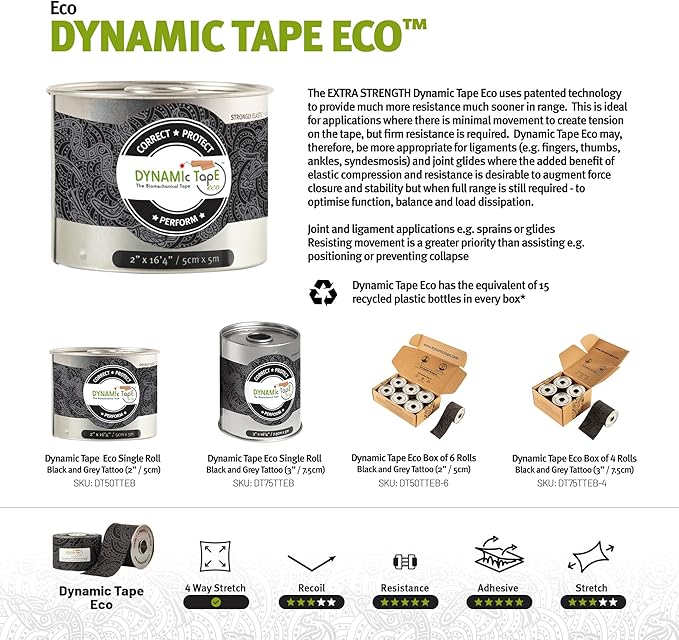 Dynamic Tape Eco | Biomechanical Adhesive Tape | Physio Tape for Knee, Ankle, Shoulder, Leg, Muscle Support | Sports Tape for Football, Rugby, Ideal for Athletes |Grey & Black - 3" (4)