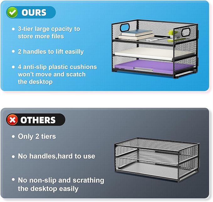 Marbrasse 3 Tier Paper Organizer Letter Tray, Mesh File Organizer with Handle, Paper Sorter Desk Organizer for Home Office Supplies